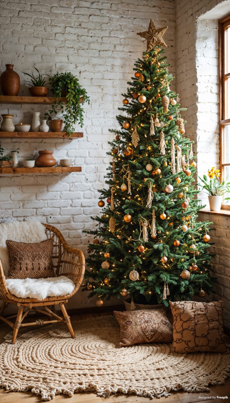 Weihnachtsbaum im Boho-Wohnzimmer Teppich Sessel