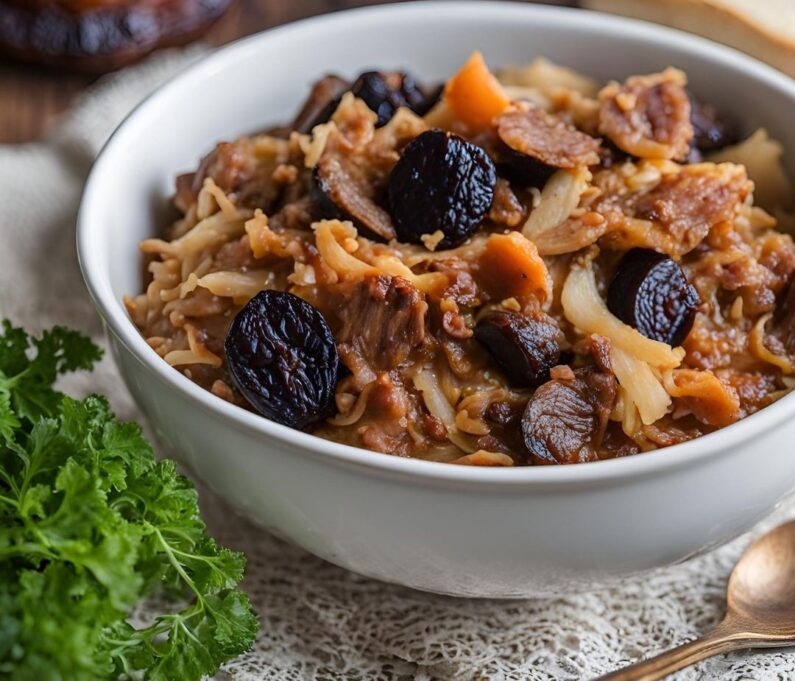 Bigos in der Schüssel mit Pflaumen